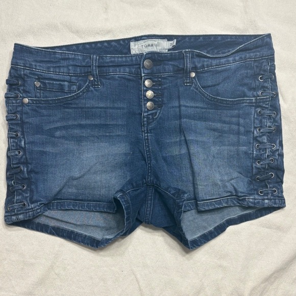 torrid Pants - Torrid Denim Shorts Size 14 Dark Wash Lace Up Sides Button Fly Mid Rise